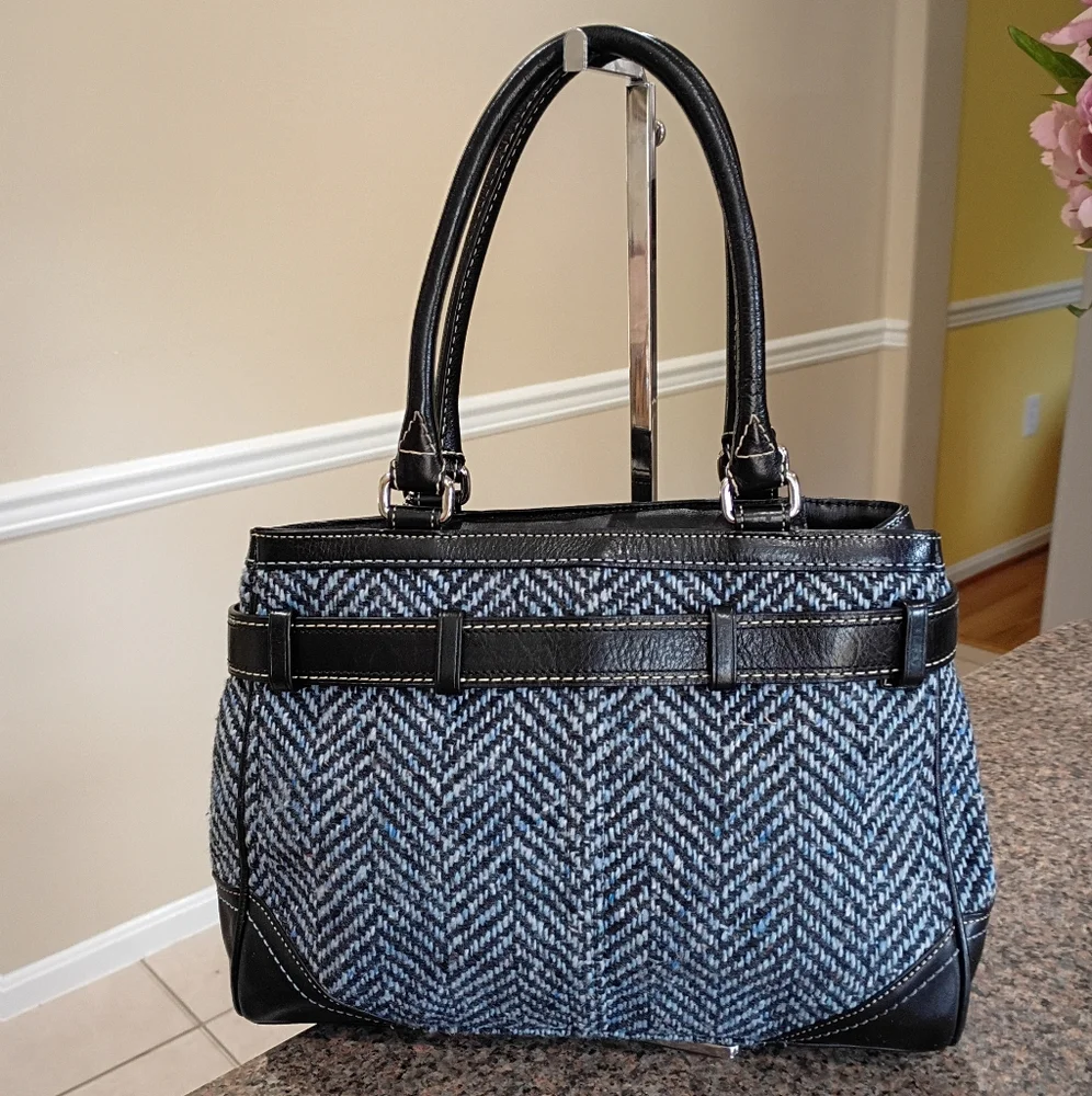 Coach Hampton Blue Black Wool Tweed Leather Trim Satchel - Picture 4 of 15